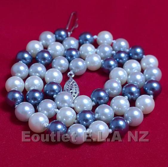 8mm GREY N WHITE SHELL PEARLS NECKLACE-47cm